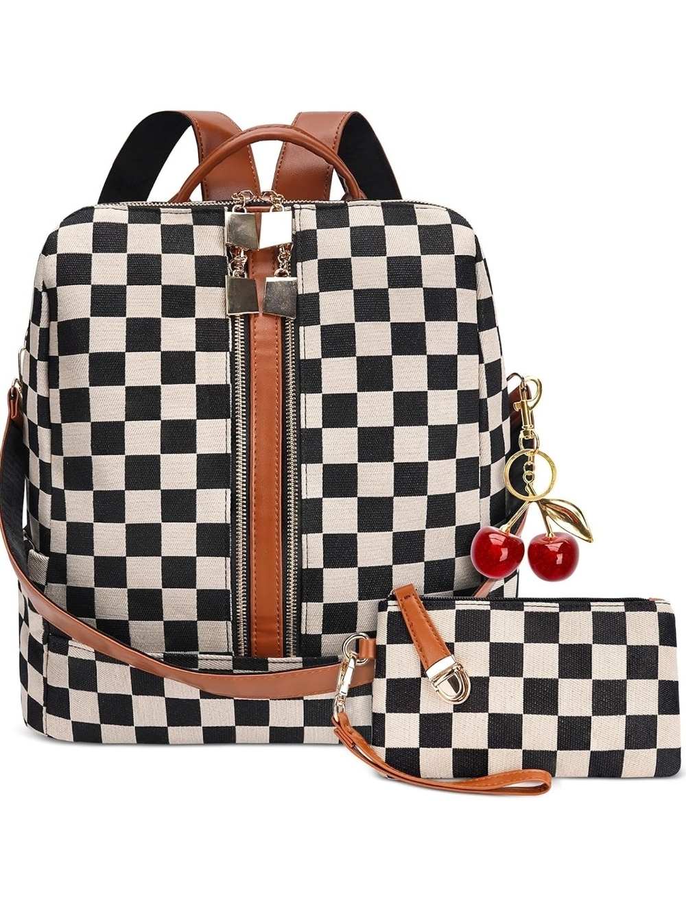 Classic Black & Cream Check Canvas Backpack with Brown Trim